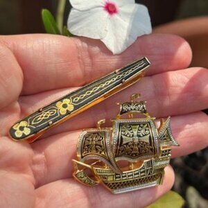 DAMASCENE SPAIN Tie Bar Clip/ Ship Brooch